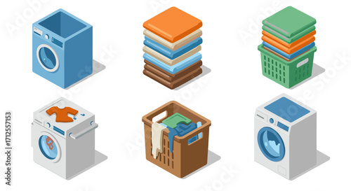 Isometric laundry elements: washing machine, baskets, and folded clothes