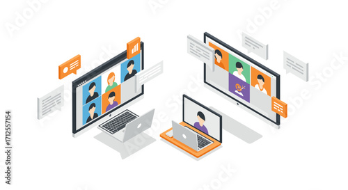 Isometric online meeting concept with laptops and video chats