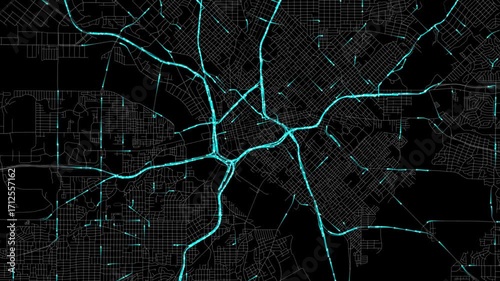 Urban Traffic Flow Map Simulation in Dallas, Texas, GPS Smart city route Transportation