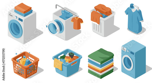 Isometric laundry machines and items: modern appliances and clothing care icons