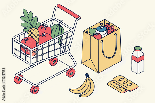 Vector art of isometric illustration of a shopping cart filled with fresh produce and groceries