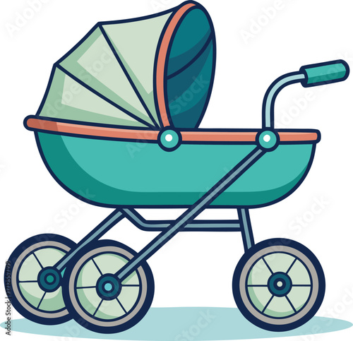 Illustration of a baby stroller in blue and green, perfect for a newborn
