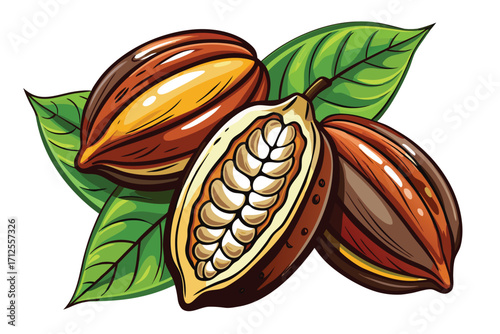 Vector art of cocoa pods with leaves, a rich and flavorful ingredient for chocolate making