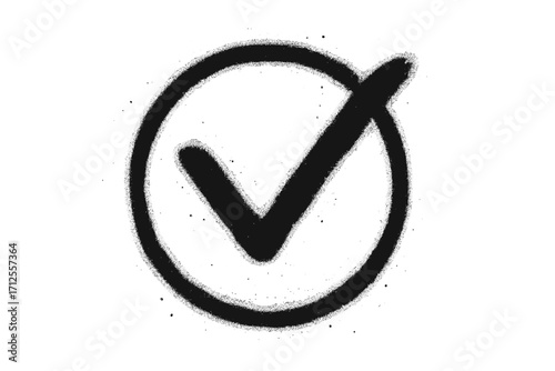 Spray textured graffiti doodle check mark in circle. Hand drawn abstract scribble shape. Creative bold punk vector illustration. Tick symbol for approval, correct choice.