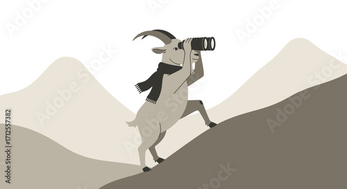 Goat Observes Landscape Through Binoculars, Exploring the Horizon for Opportunity and Success