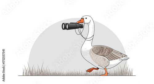 Goose Observing With Binoculars, An Illustration Depicting Outdoor Observation and Playful Bird