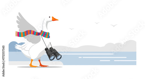 Goose With Binoculars And Scarf Explores The Surrounding Landscape With Enthusiasm