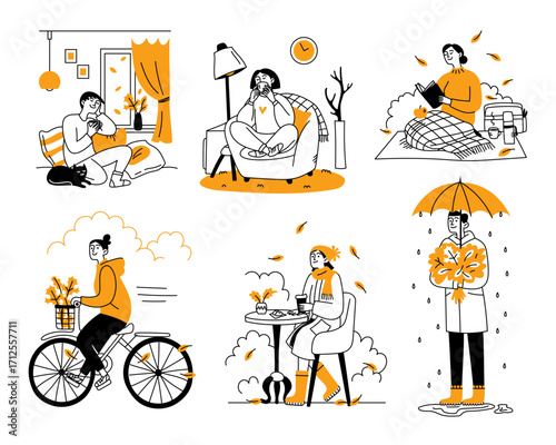 Set of people indoors on a sofa in warm clothes with a hot drink, coffee or tea. Man and woman outdoors enjoying autumn weather. Vector doodle characters