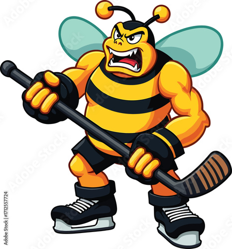 Strong angry bee playing hockey, aggressive sports mascot character vector