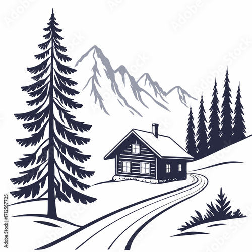 Vector art of a serene monochrome illustration showcases a cozy cabin nestled amidst a mountainous landscape, with a winding path leading to it, tall pine trees, and snowcovered hills