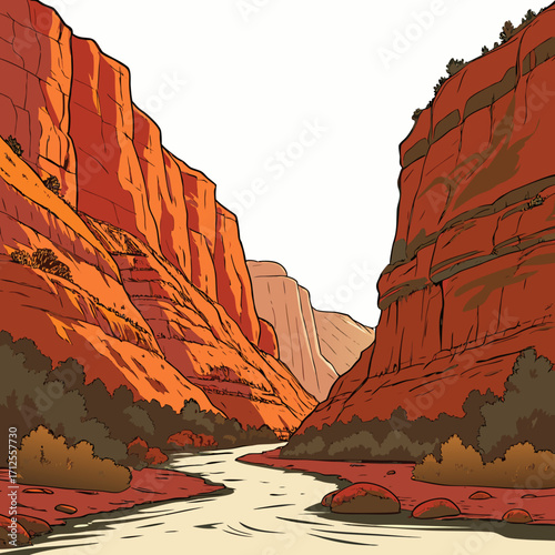 Vector art of a vibrant vector illustration captures the majestic beauty of the grand canyon, showcasing its towering cliffs, winding river, and lush vegetation, all rendered in a cartoon style