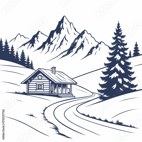 Vector art of a captivating monochrome illustration showcases a cozy cabin nestled in a mountainous landscape, featuring a winding road, majestic peaks, and lush trees