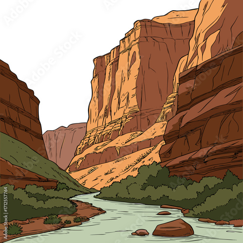 Vector art of a captivating vector illustration depicts the grandeur of the grand canyon, showcasing its towering cliffs, winding river, and lush vegetation, all rendered in a cartoon style
