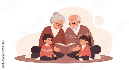 Grandparents Reading a Book with Grandchildren, Sharing Moments Of Joy and Happiness