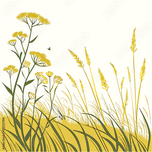 Vector art of a serene meadow scene, showcasing goldenrod flowers, delicate grasses, and a tiny bird in flight, all rendered in a charming, vintageinspired illustration style