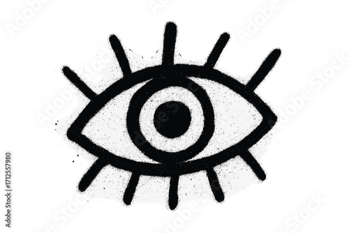 Graffiti spray eye symbol. Hand-drawn punk doodle icon. Abstract esoteric all-seeing eye. Creative bold scribble shape. Vector illustration with spray texture isolated.