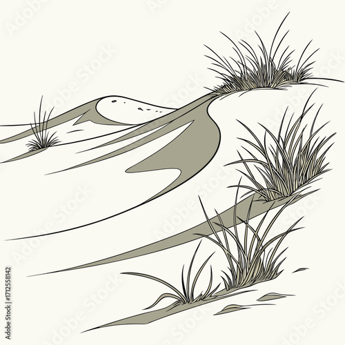 Vector art of minimalist illustration of a sandy dune landscape with dune grass, a serene and simple design, ideal for coastal or naturerelated projects