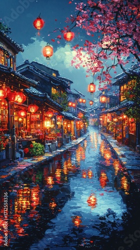 Wallpaper Mural Lantern Lit Street Scene with Cherry Blossoms and Water Reflections Torontodigital.ca