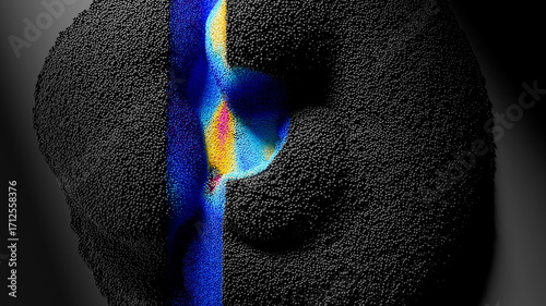 3d render of abstract art with small balls, spheres, particles in the motion process in dark grey color with colorful pink, yellow blue parts on a grey background surface