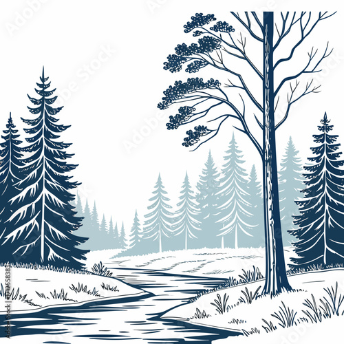 Vector art of a serene winter landscape featuring a winding river flowing through a forest of evergreen trees, , creating a peaceful and tranquil scene in shades of blue