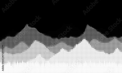 Vector halftone dots background, fading dot effect. Imitation of a mountain landscape, banner, shades of gray.