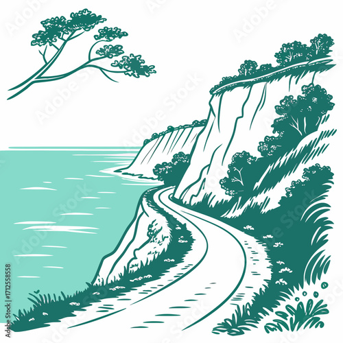 Vector art of scenic coastal road illustration with winding path along cliffs, offering breathtaking sea views, lush greenery, and a serene atmosphere, perfect for travel and nature enthusiasts