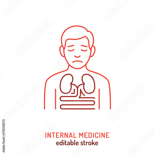 Internal medicine icon with heart, colon, monitor and scalpel.