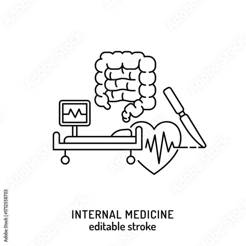 Internal medicine icon with heart, colon, monitor and scalpel.