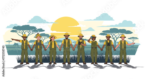 Group Of Adventurers Holding Hands Together Against Savanna Sunset For Expedition