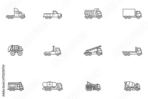 Trucks Line Icons Set. Delivery, Construction, and Utility Vehicle Vector Illustrations