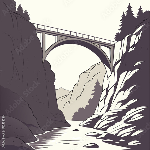 Vector art of a striking illustration of a bridge stretching across a deep gorge with a river below, framed by rocky cliffs and trees