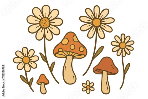 Groovy retro mushrooms and daisy flowers vector set. Hippie 70s style vintage floral illustration. Psychedelic cartoon amanita and chamomile for sticker print design element.
