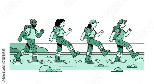 Group Of Adventurous Individuals Crossing A Watery Terrain In A Unique Illustration