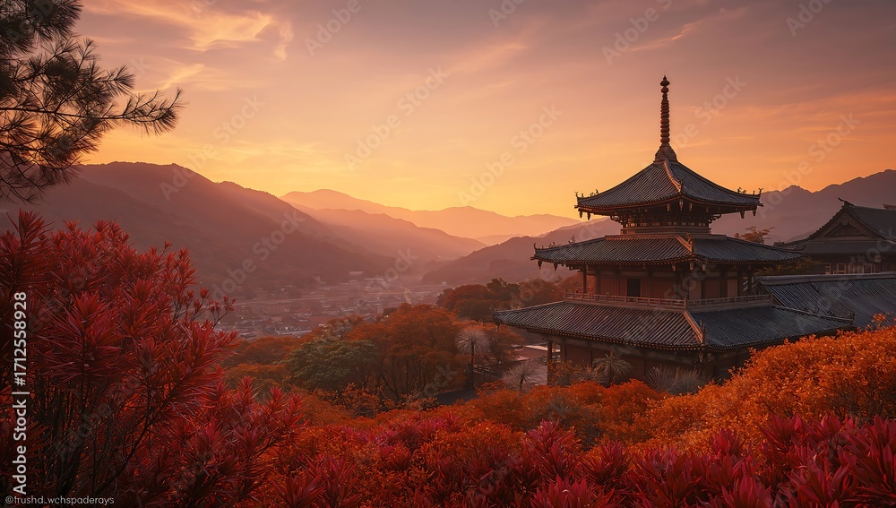 custom made wallpaper toronto digitalA Japanese pagoda stands silhouetted against a vibrant sunset sky, surrounded by autumn foliage and distant mountains.
