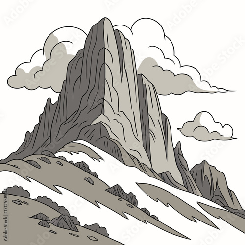 Vector art of a monochrome illustration of a towering mountain peak with jagged edges and snowcovered slopes, surrounded by fluffy clouds, showcasing the majesty of nature