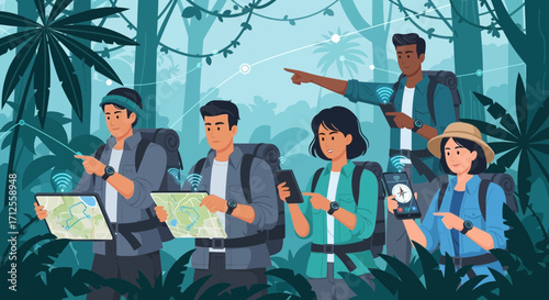 Group Of Explorers Navigating Forest Using Technology And Modern Navigation Systems