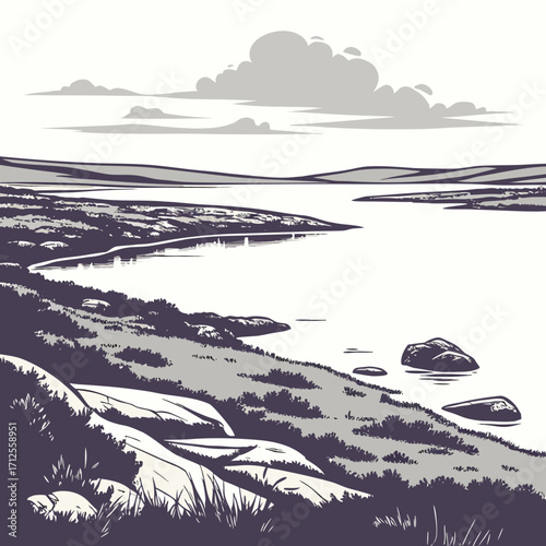 Vector art of monochrome vector illustration of a tranquil lake landscape with rocky shores, grassy hills, and a serene sky filled with fluffy clouds, creating a peaceful and natural scene