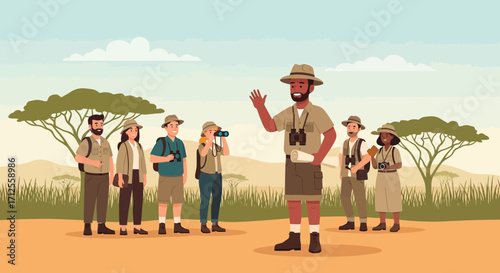 Group Of Explorers With Guide Exploring The Savanna On An Adventure Trip Outdoors