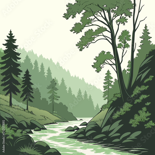 Vector art of a tranquil vector art piece depicts a verdant forest with a meandering river, showcasing the harmony of nature and the beauty of the landscape in a stylized, serene setting