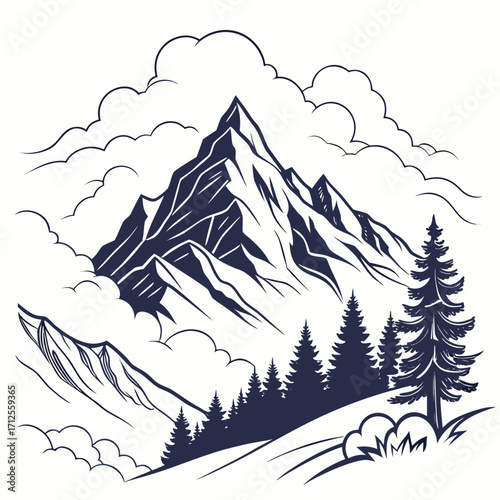 Vector art of a captivating line art illustration showcases a majestic mountain peak piercing through fluffy clouds, surrounded by a serene forest of evergreen trees
