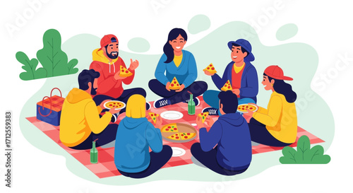 Group Of Happy People Relishing Pizza Outdoors During A Sunny Picnic
