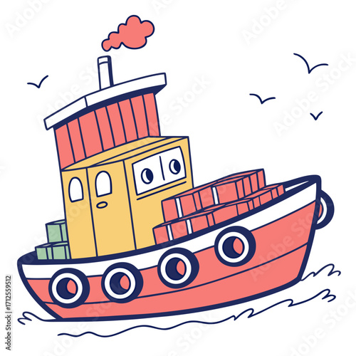 Vector art of a delightful cartoon illustration of a cheerful tugboat, sailing smoothly on the water, its vibrant colors and playful design creating a sense of joy and adventure