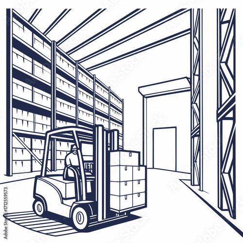 Vector art of forklift operator transporting goods in a warehouse, showcasing the logistics and distribution process, the scene highlights efficiency and organization