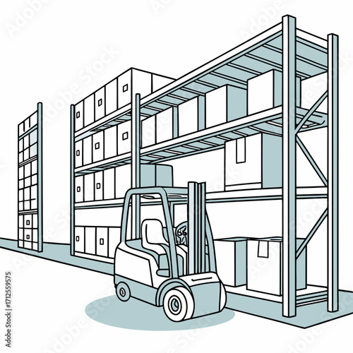 Illustration of a forklift in a warehouse with shelves full of boxes, representing inventory management, storage solutions, and logistics operations