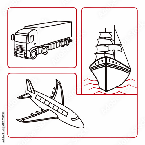 Vector art of illustrations of truck, sailboat, and airplane, representing various modes of transportation for logistics, travel, and shipping industries