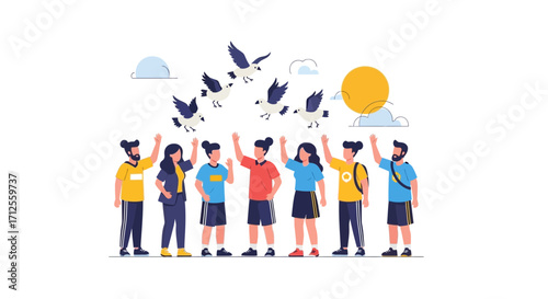 Group Of People Exchanging Greetings With Flying Birds Near The Sunshine
