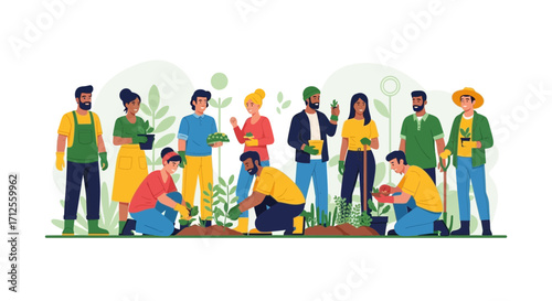 Group Of Volunteers Working Together In A Community Garden, Planting New Greenery