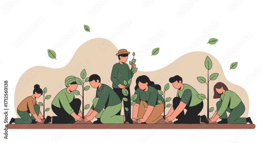 Fototapeta premium Group Planting Young Trees In Unity And Cooperation, Promoting Environmental Protection