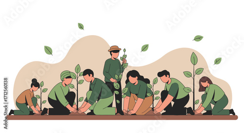 Group Planting Young Trees In Unity And Cooperation, Promoting Environmental Protection