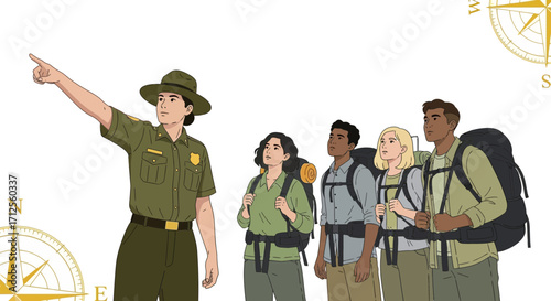 Guiding The Explorers: Forest Ranger Giving Directions During A Nature Hike